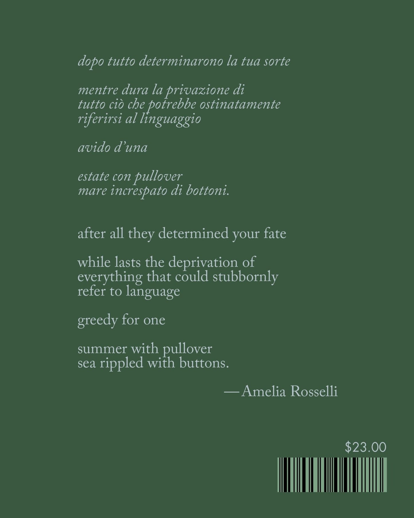 Back cover of Amelia Rosselli Notes Scattered & Lost - Translation by Antognini and Woodard Entre Ríos Books