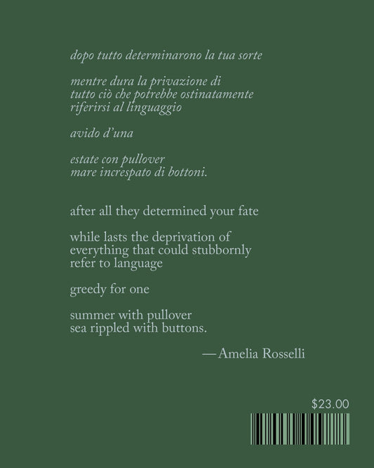 Back cover of Amelia Rosselli Notes Scattered & Lost - Translation by Antognini and Woodard Entre Ríos Books